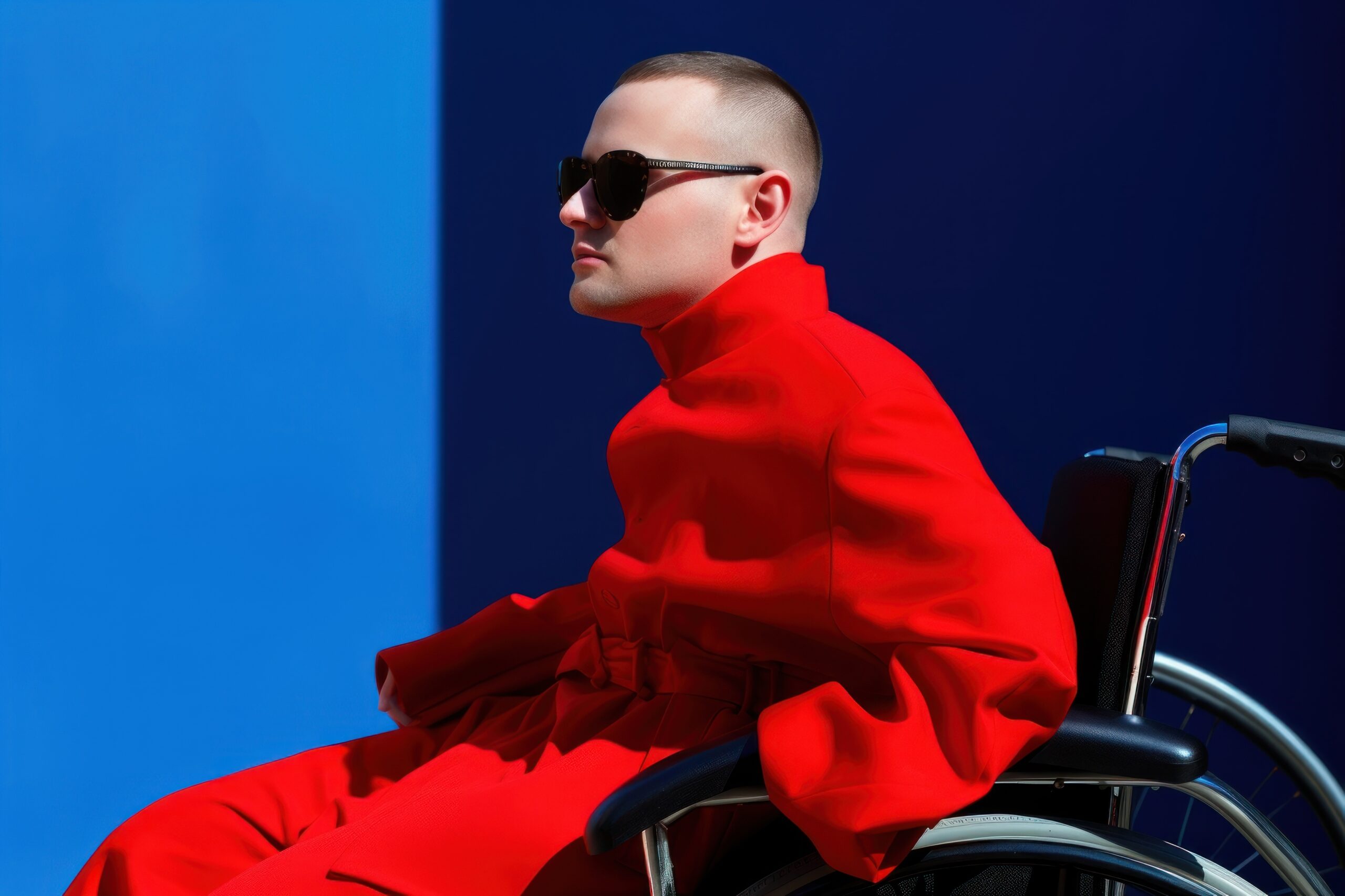 Disability fashion photo wheelchair transportation sunglasses.