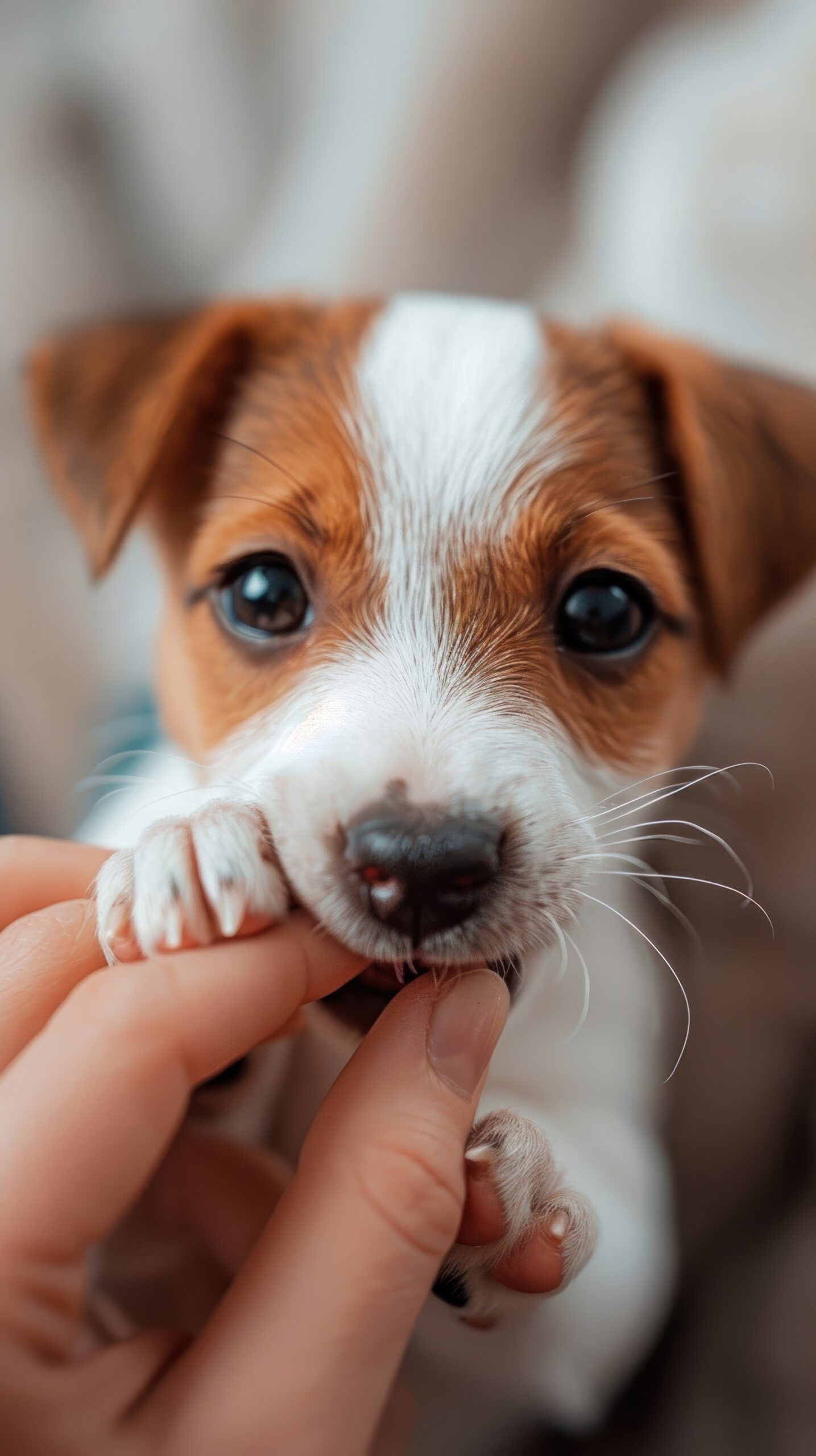 photo of close up cheerful *puppy Jack Russell* terrier playfully biting the fingers of its owner --ar 9:16 --v 6.0