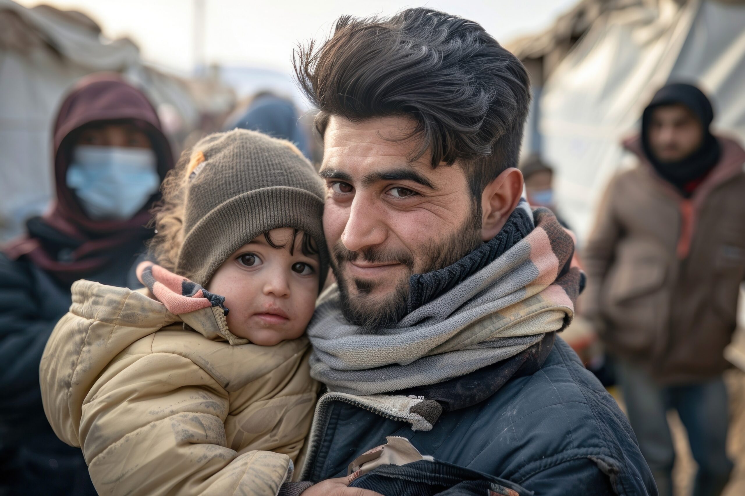photo of *male charity worker holding child in his arms*, refugee photo, people gather around, photorealistic, documentary photography --ar 3:2 --v 6.0