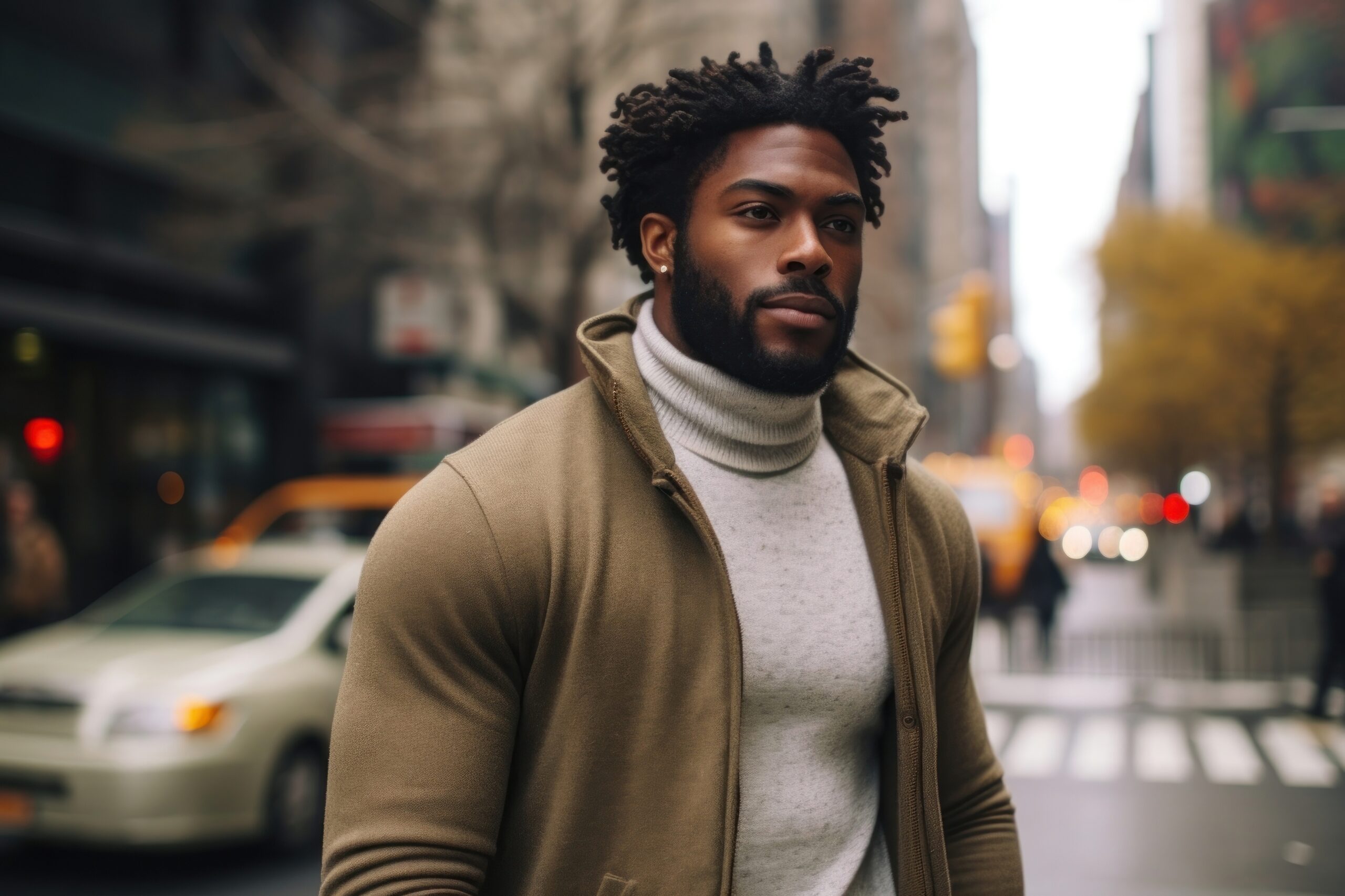 Photo of *African American man* stylish, simple, outdoors in the city, daytime --ar 3:2 --v 5.2