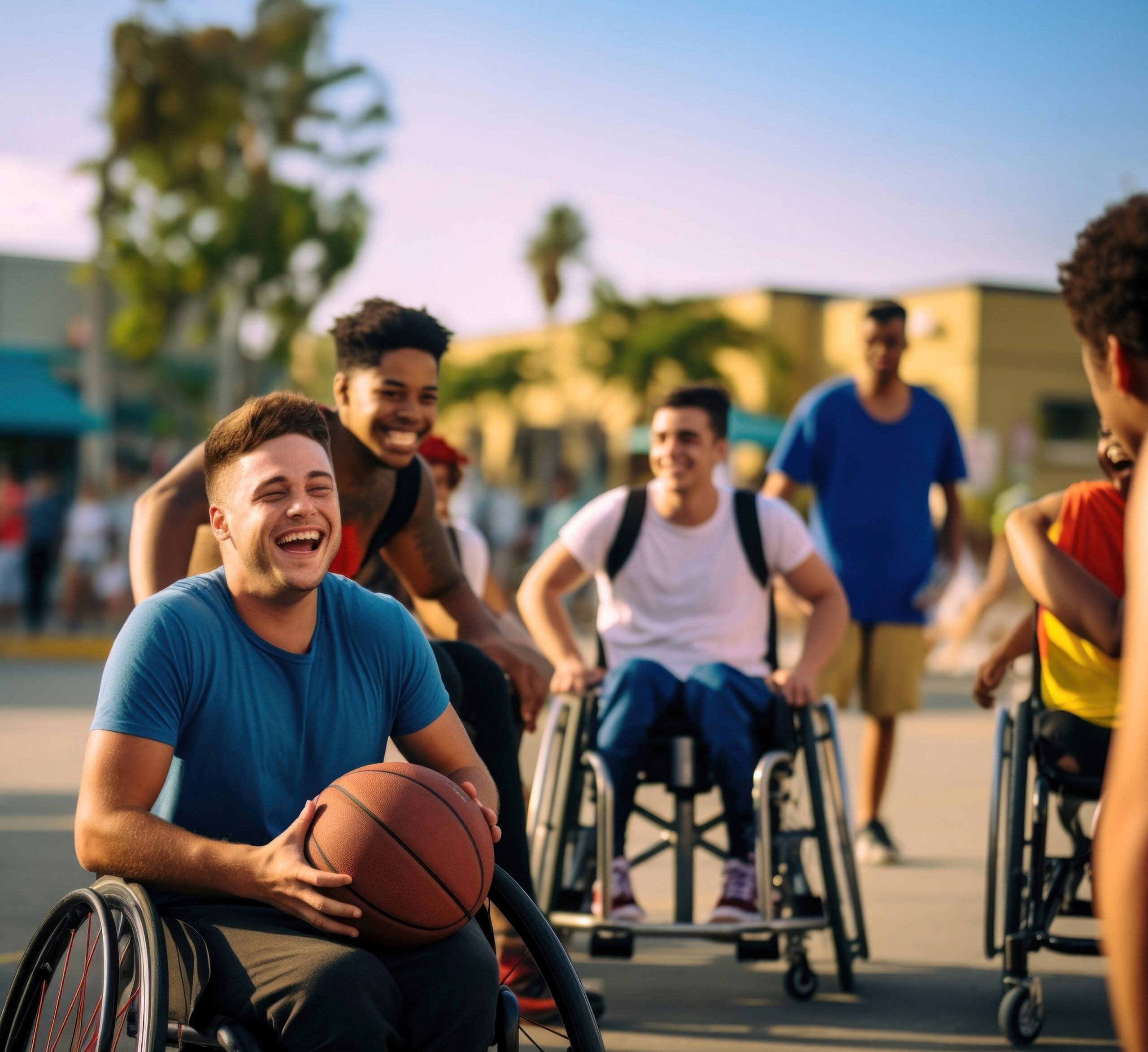 photo of a disable man in wheelchair playing basketball with friends, fun