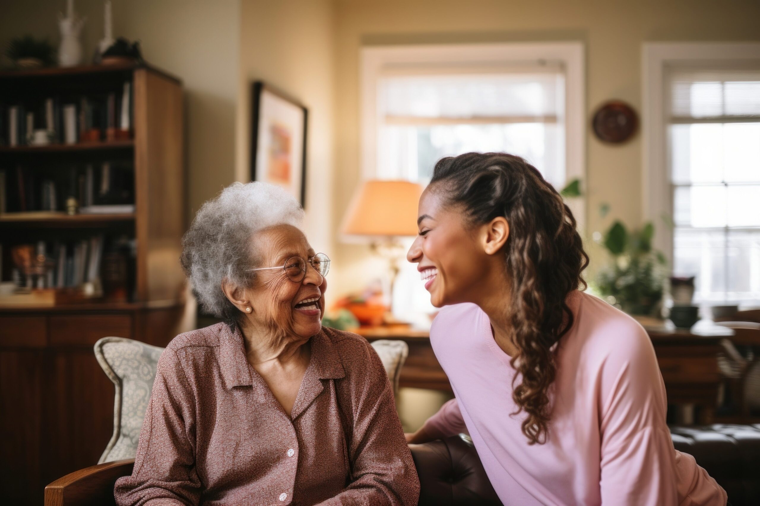 A photo of woman helping an elderly, kindly smile, natural, bright lighting, --ar 3:2 --style raw