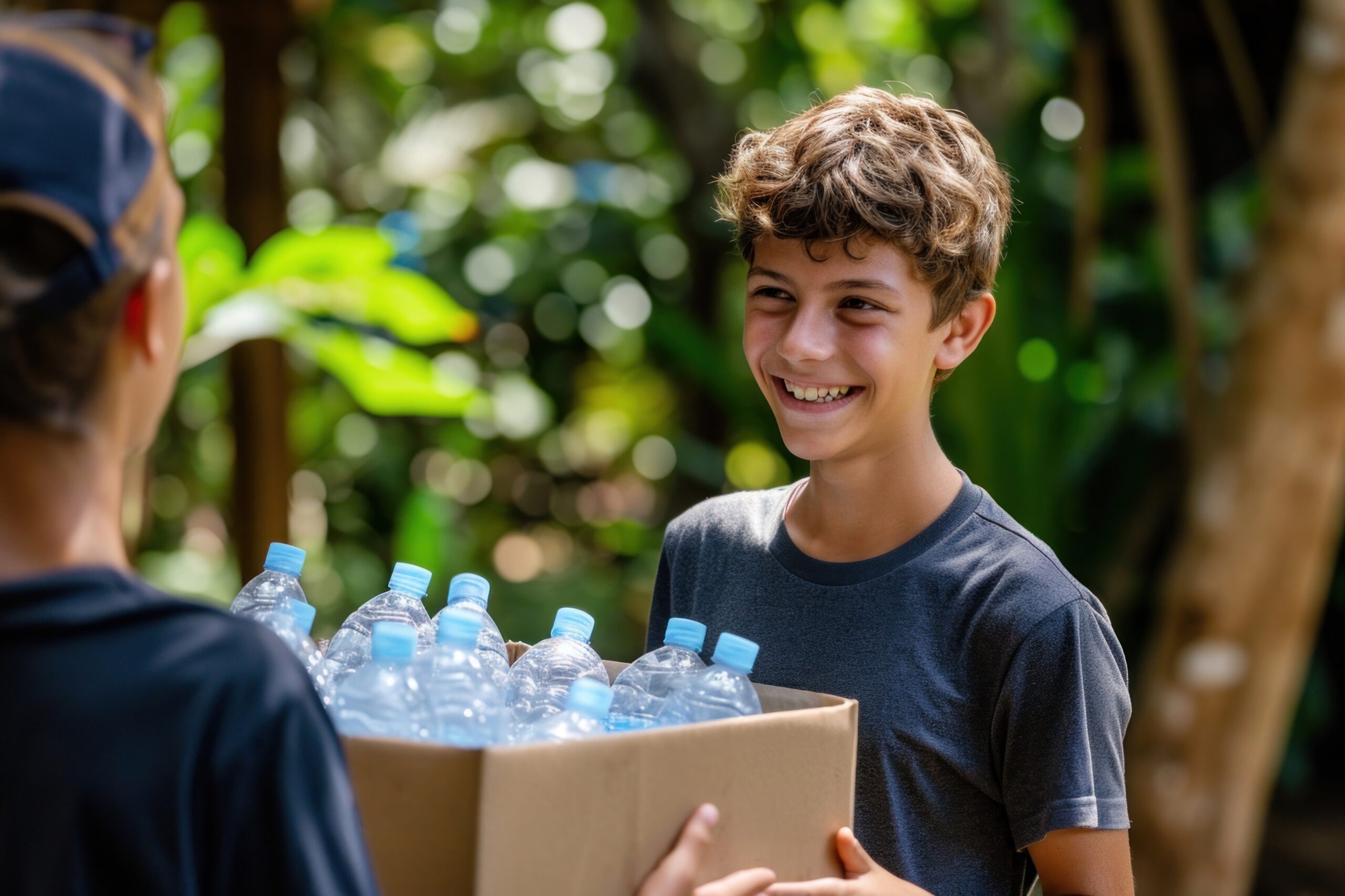 a *boy volunteer staff* laughing at someone, hand holding box of drinking water bottles, candid shots, outdoor nature --ar 3:2 --v 6.0