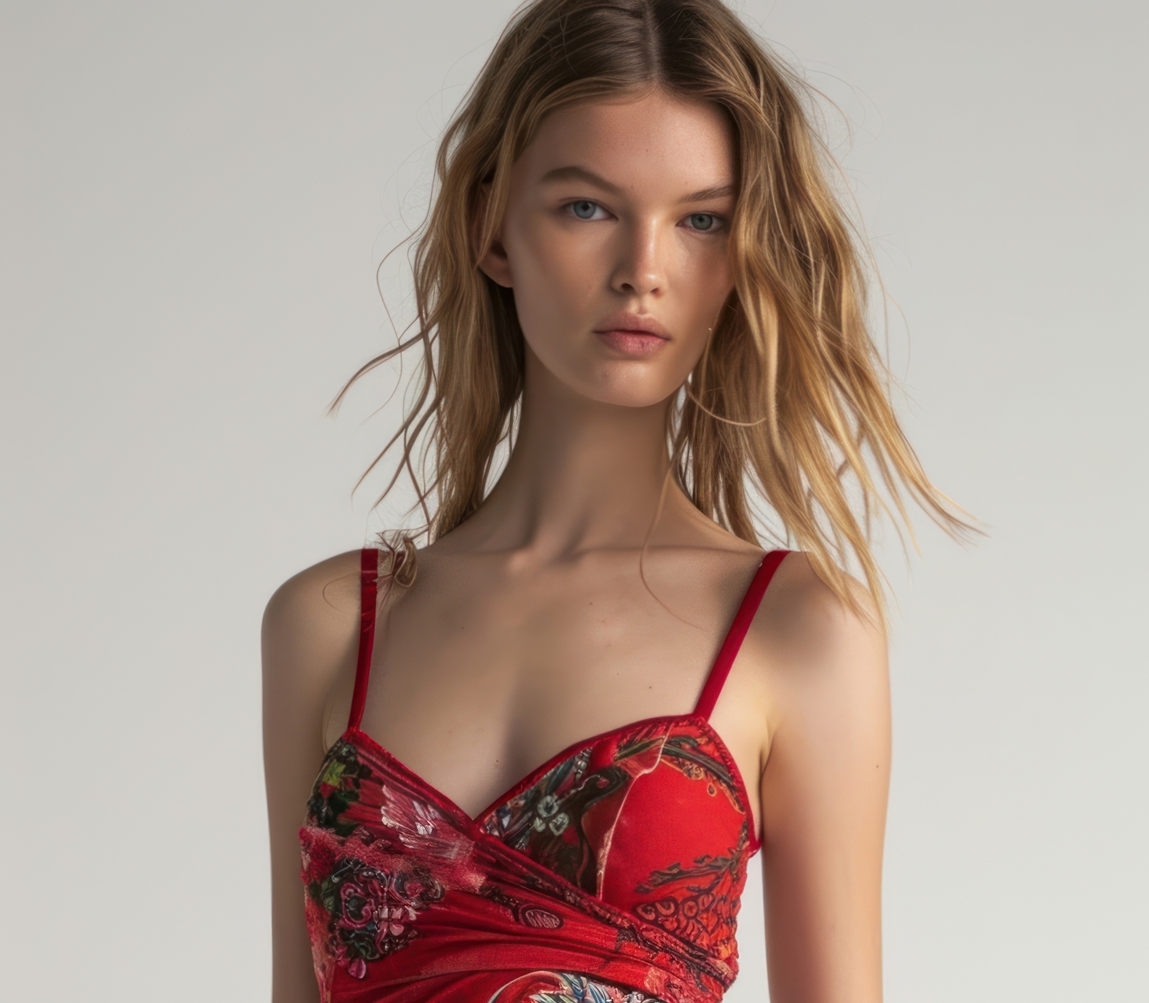 Photo of a model in a *red spaghetti strap dress*, in the style of dragon art, bold graphics, light red and light indigo, hand-painted details, grainy, bold colors, marks --ar 2:3 --v 6.0