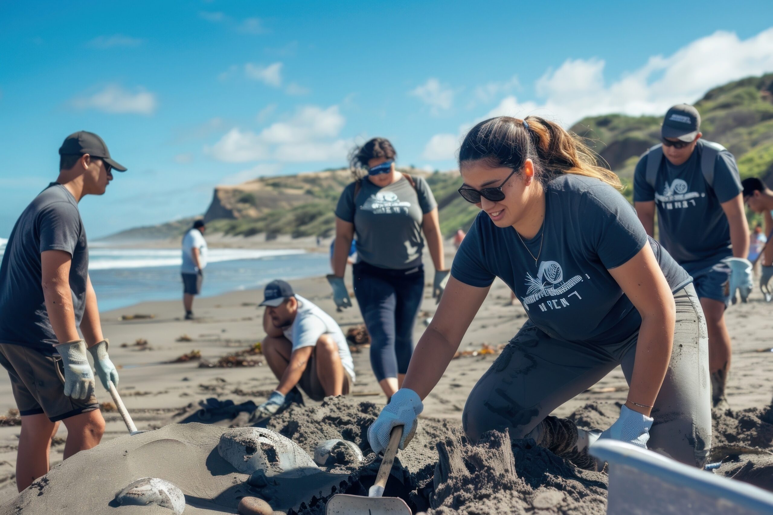 *photo of group of hispanic* volunteer clean up a beach, natural light, wearing same t-shirt color, leave some space for text --ar 3:2 --v 6.0