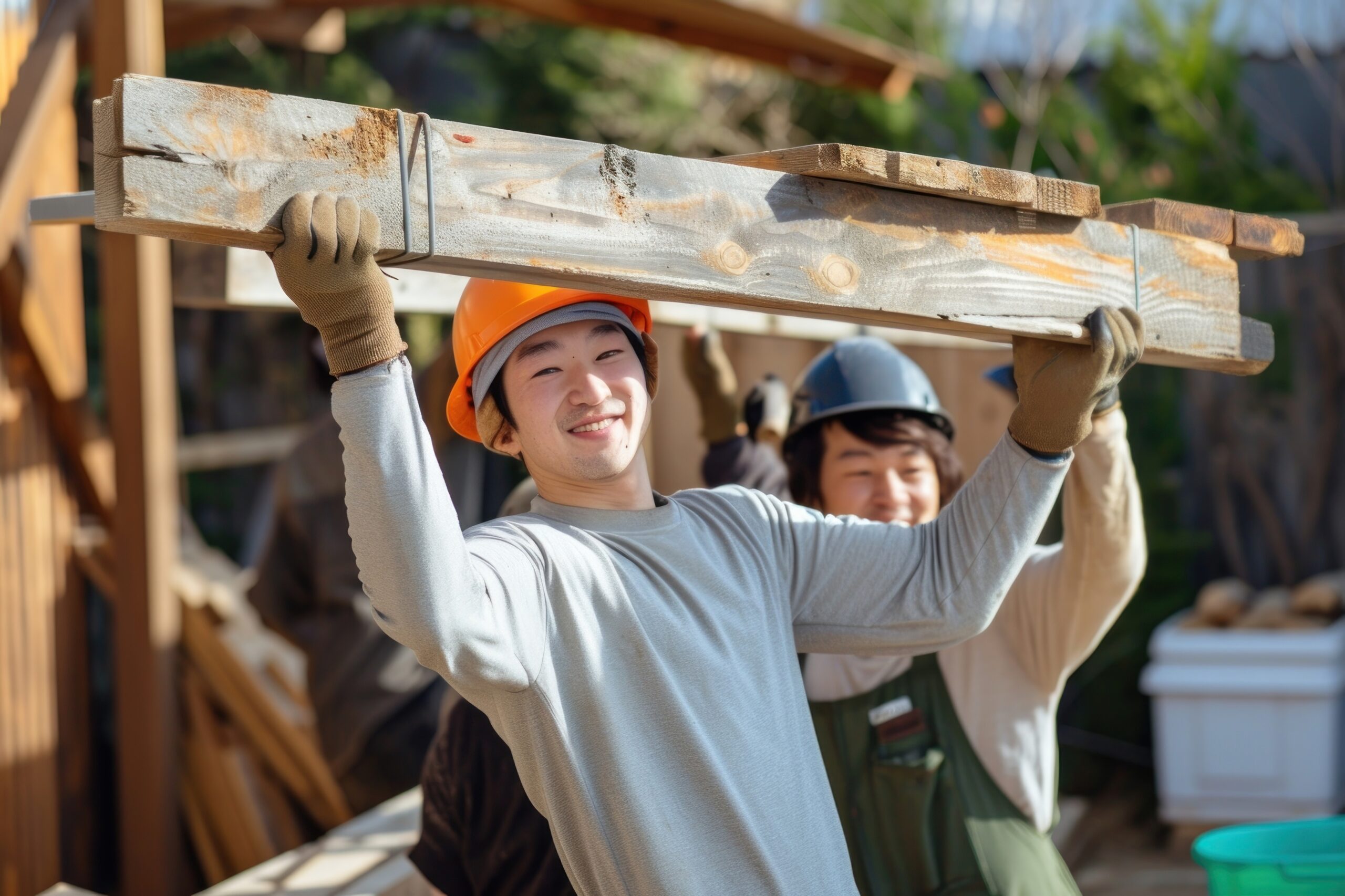 Wood teamwork hardhat helmet.