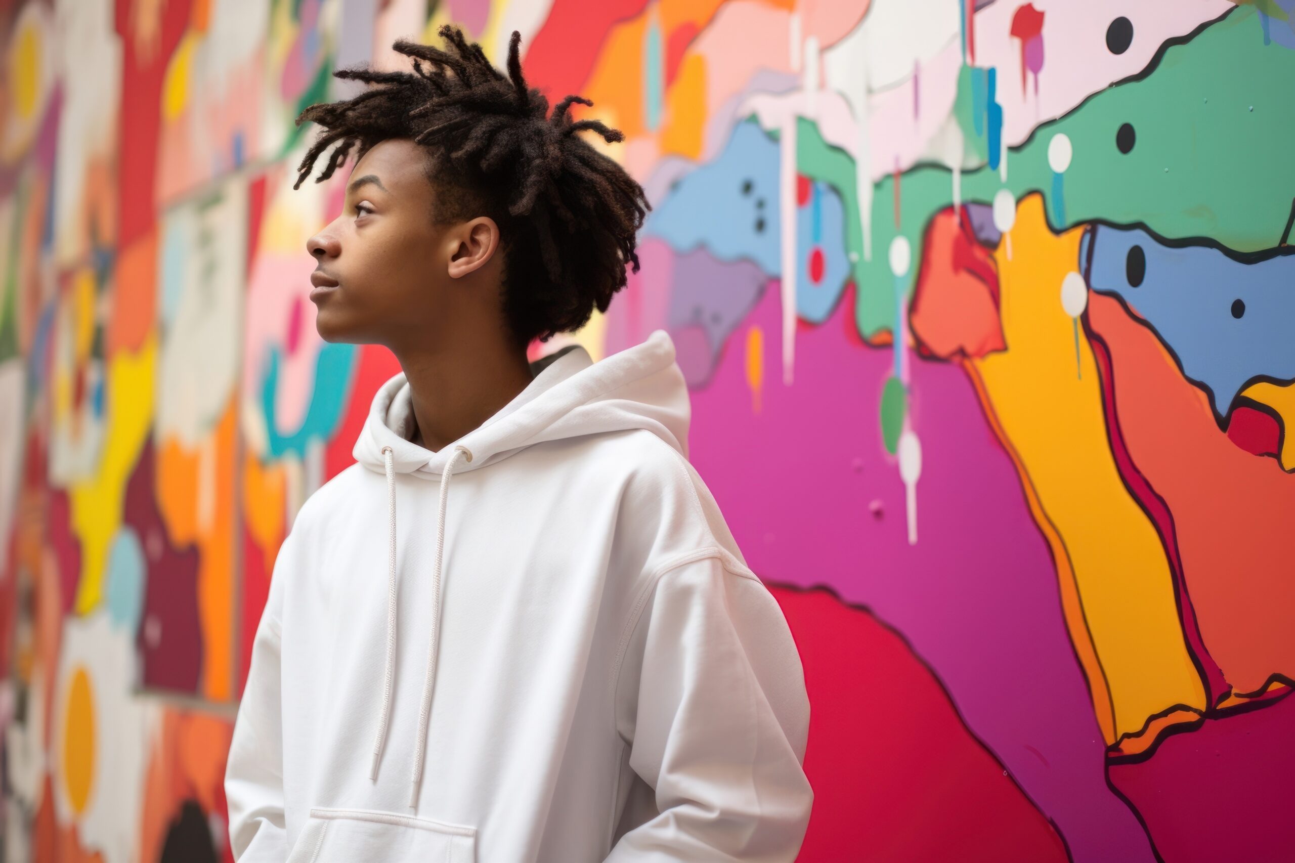 Photograph, side view of *a kid wearing white t-shirt* talking, colorful fun posters on the background, fun graphics, lively movement, pop inspo, clean --ar 3:2