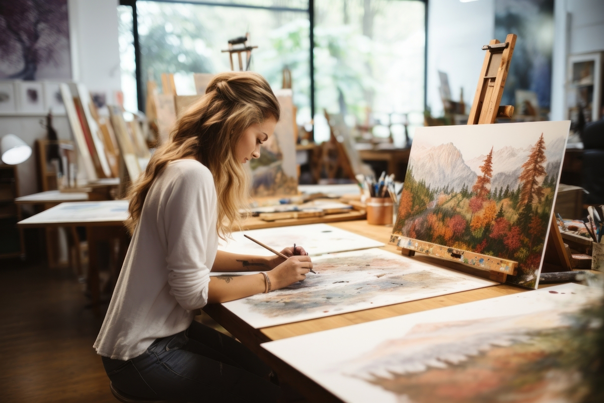 Young *female student having classes at art studio*, learning how to draw landscapes --ar 3:2 --v 5.2