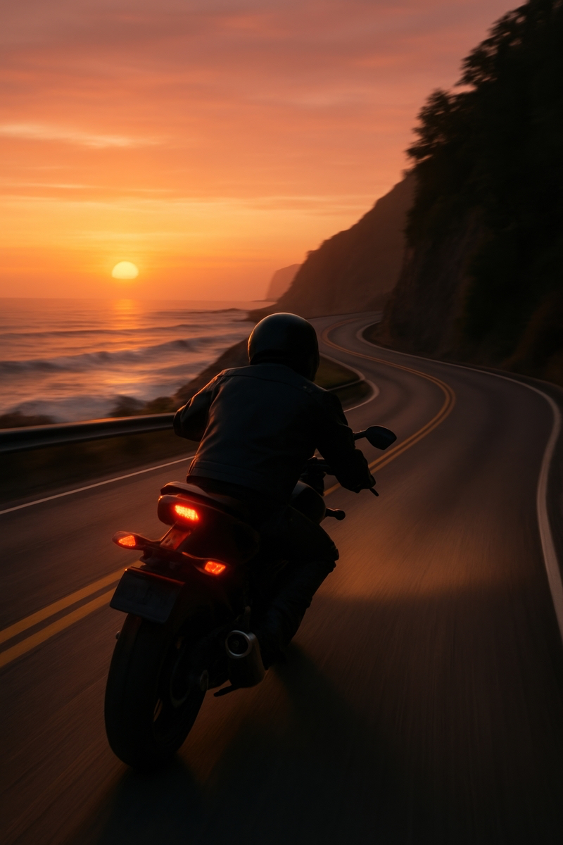 A cinematic third-person video following a motorcyclist riding along a winding coastal highway at sunset, captured in a smooth, low chase-cam perspective. The camera follows closely behind the rider, who leans into the turns with confident flow. The road curves along dramatic ocean cliffs, with soft orange and purple light spilling across the pavement. The motorcycle’s tail light glows red as it reflects the golden sky. Gentle motion blur enhances the sense of speed. Ocean waves roll in beside the road, and trees silhouette the cliffs. The camera subtly shifts left and right to match the rider’s lean, maintaining a close, immersive tracking angle. The atmosphere is warm, moody, and serene, with a hint of energy from the curving road. Shot in horizontal format, with realistic lighting and high-definition cinematic motion.