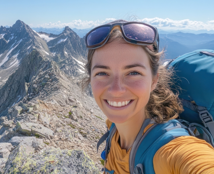 *Woman taking a selfie at the top of a mountain*, with backpacks and smiling at the camera. --ar 16:9