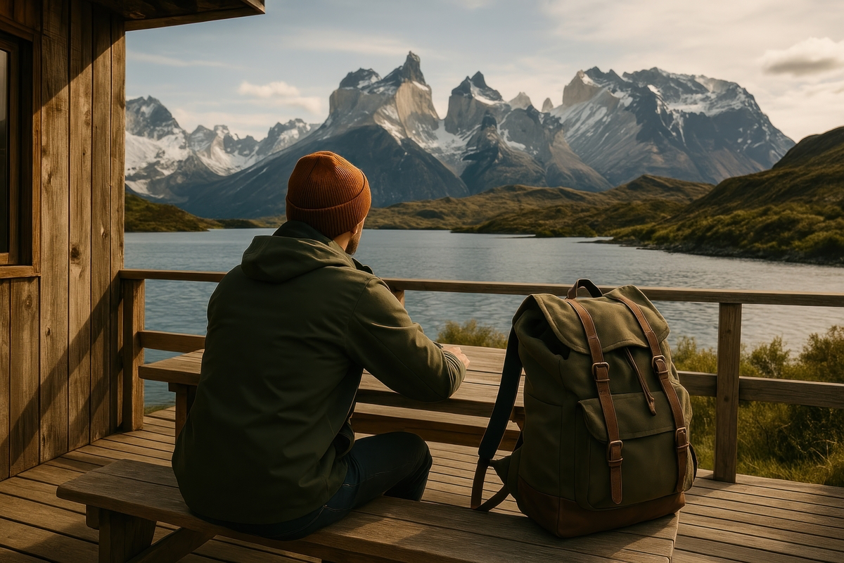Create an image for an ad for a modern patagonia vacation brand. no text or logo. professional realistic authentic photo. No faces.