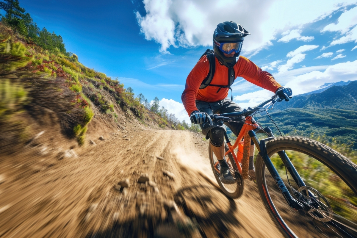 *Mountain biker cyclist* riding a bicycle downhill on a mountain bike trail --ar 3:2 --v 6.0