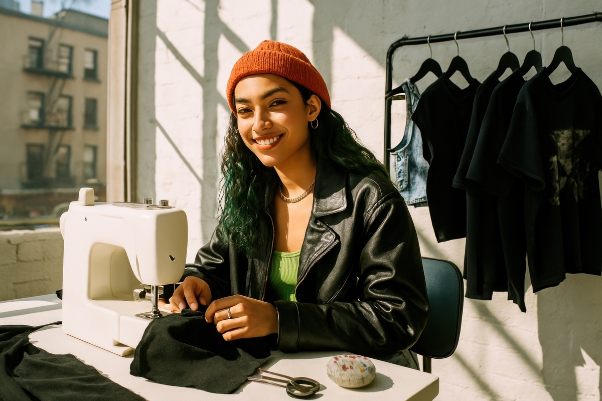 Create a photo for a generation z modern street style. bright light. slightly edgy. high contrast. candid and positive energy. clean images. No text or logos. sewing concept. real authentic people