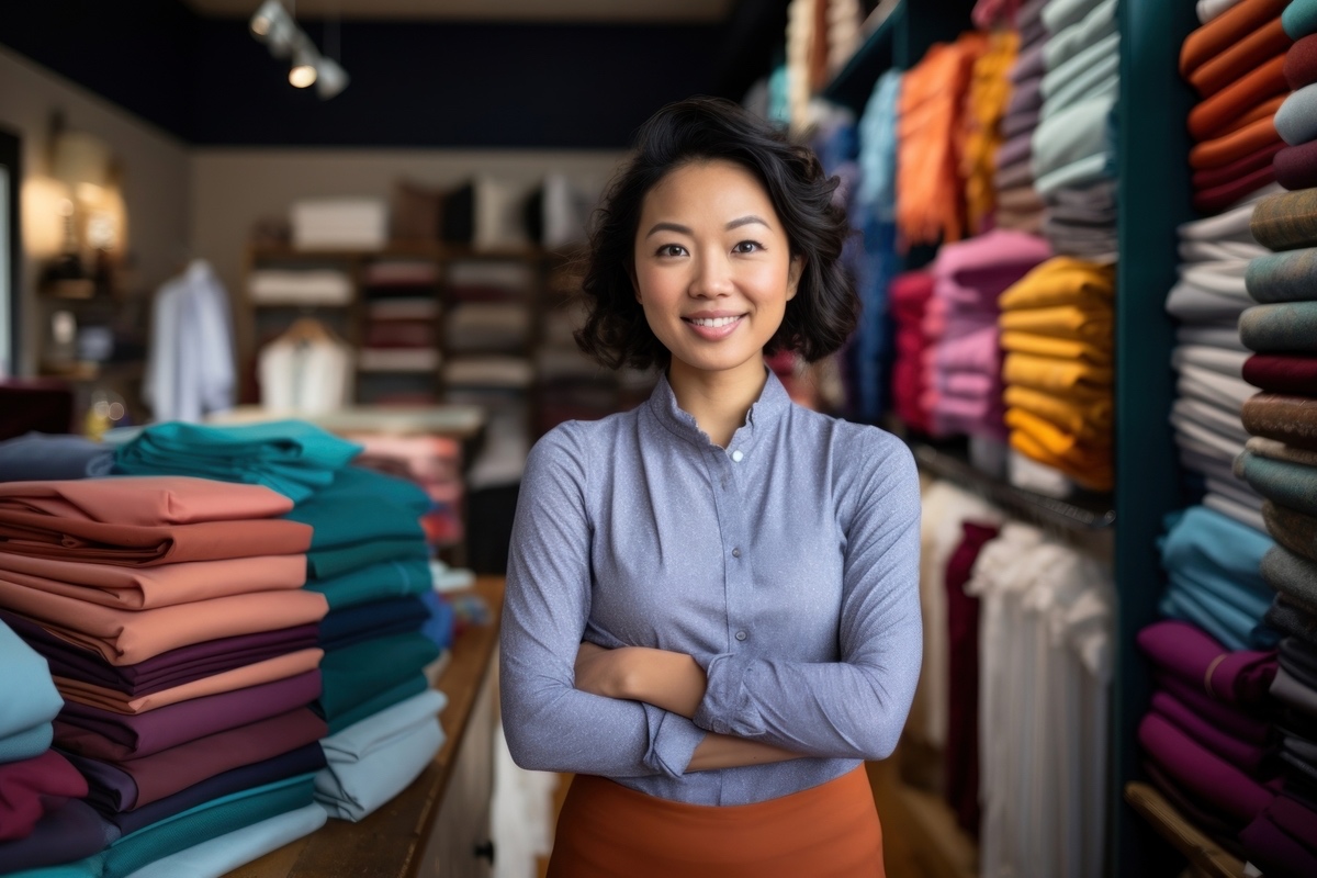 photo of *a multiracial*, mixed race asian, business owner, at a cloth shop --ar 3:2