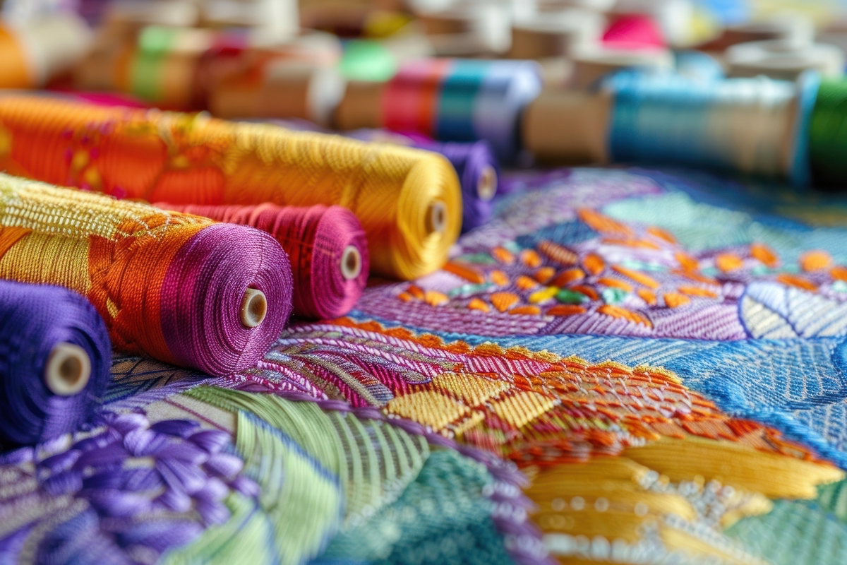 embroidery is shown with *Industry*, minimal cartoon style, in the style of evocative textures, aggressive quilting, free space for text --ar 3:2 --v 6.0